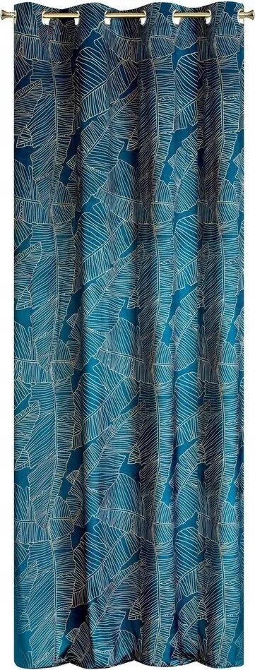 Kész függöny 140X250 bársony sötétkék botanikai mintás karika