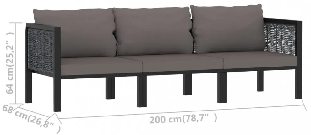 antracitszürke polyrattan háromszemélyes kanapé párnákkal