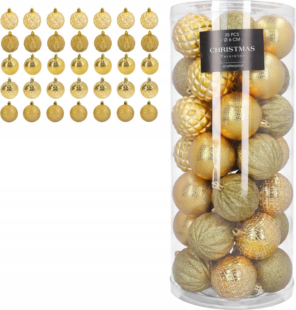 Karácsonyfa Bombák nagy szett 35 db 6 cm arany matt fényes csillámos mix