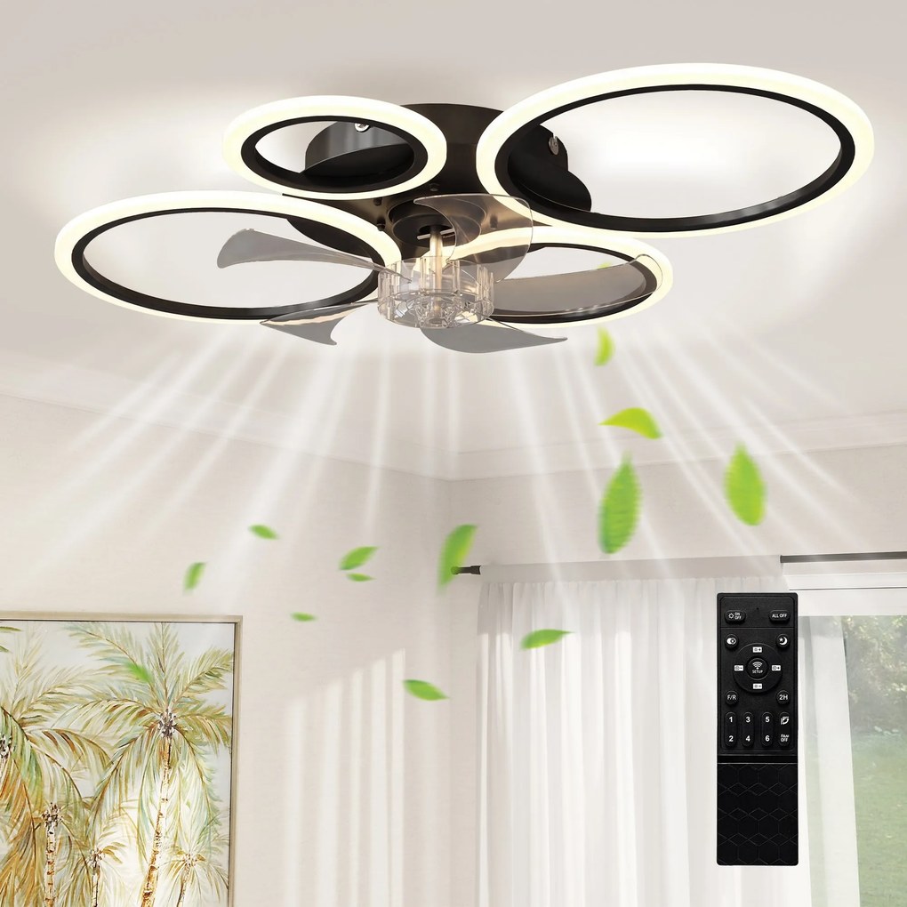 HOMCOM 77 cm LED mennyezeti ventilátor-lámpa — csendes, távirányítós, 6 sebesség, 3 színhőmérséklet, DC motor, időzítő — fekete | Aosom