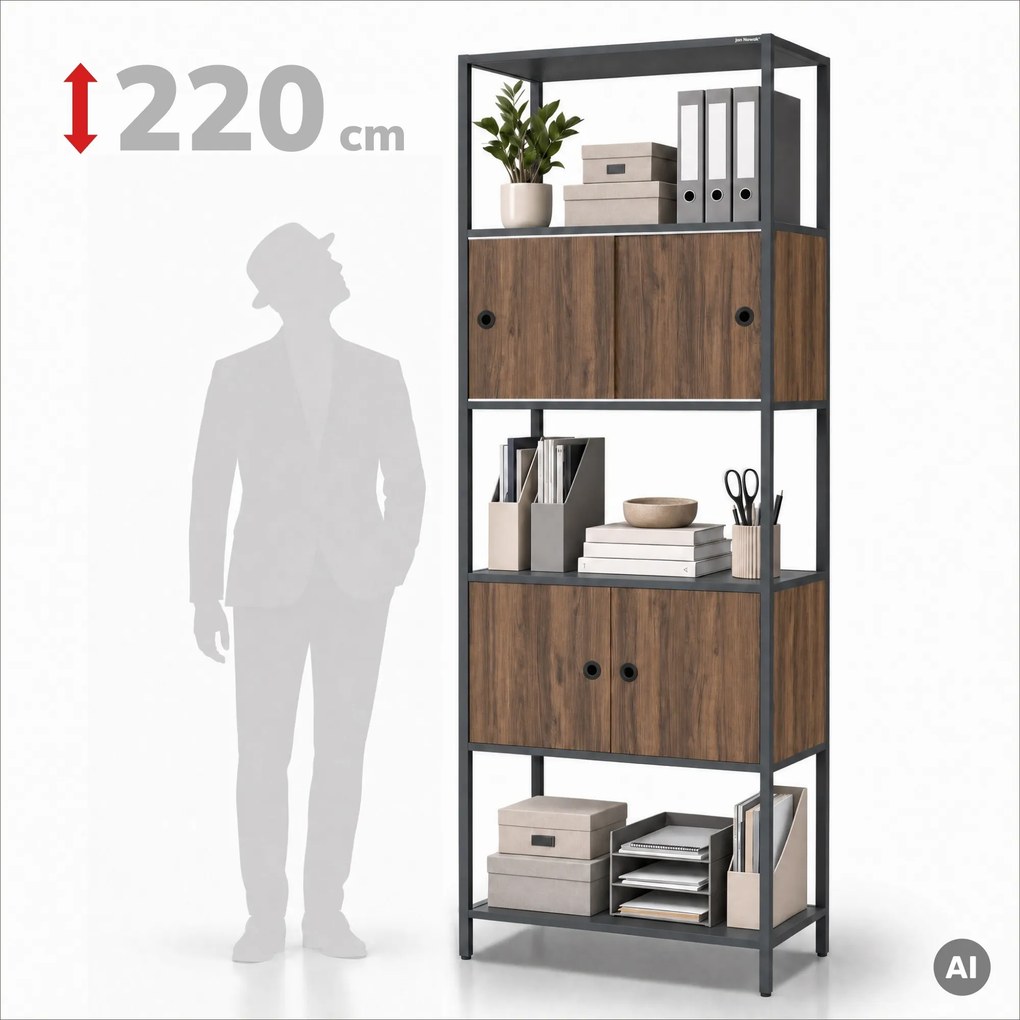 Iratrendező polc zárható szekrénnyel, irodai, nyitott polcok, fém antracit/dió, 800x2200x400 mm: ARIEL Eco Design