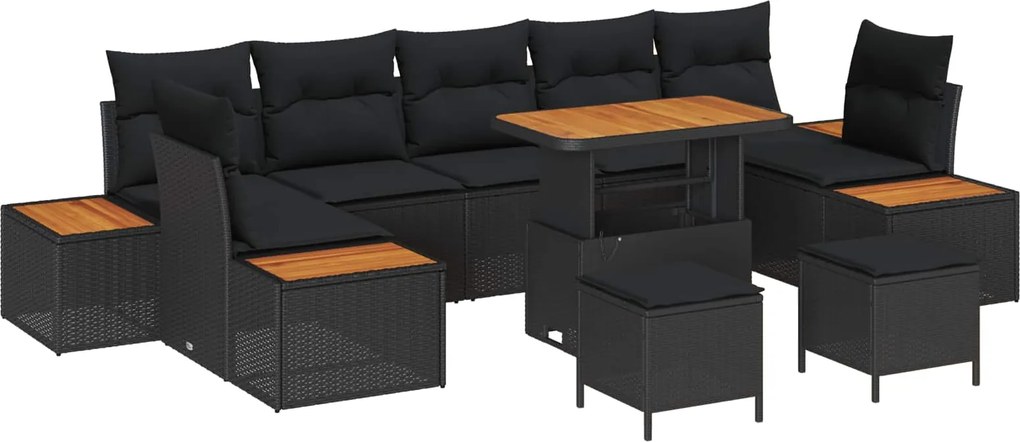 vidaXL Kerti Kanapé Szett párnával tárolóval 10 pcs Fekete Poli rattan