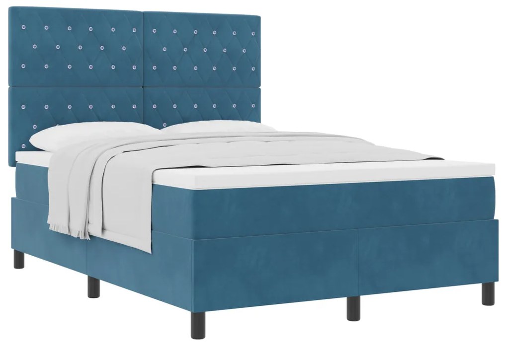 Box Spring Ágy Mattal Sötétkék 140x200 cm Bársony