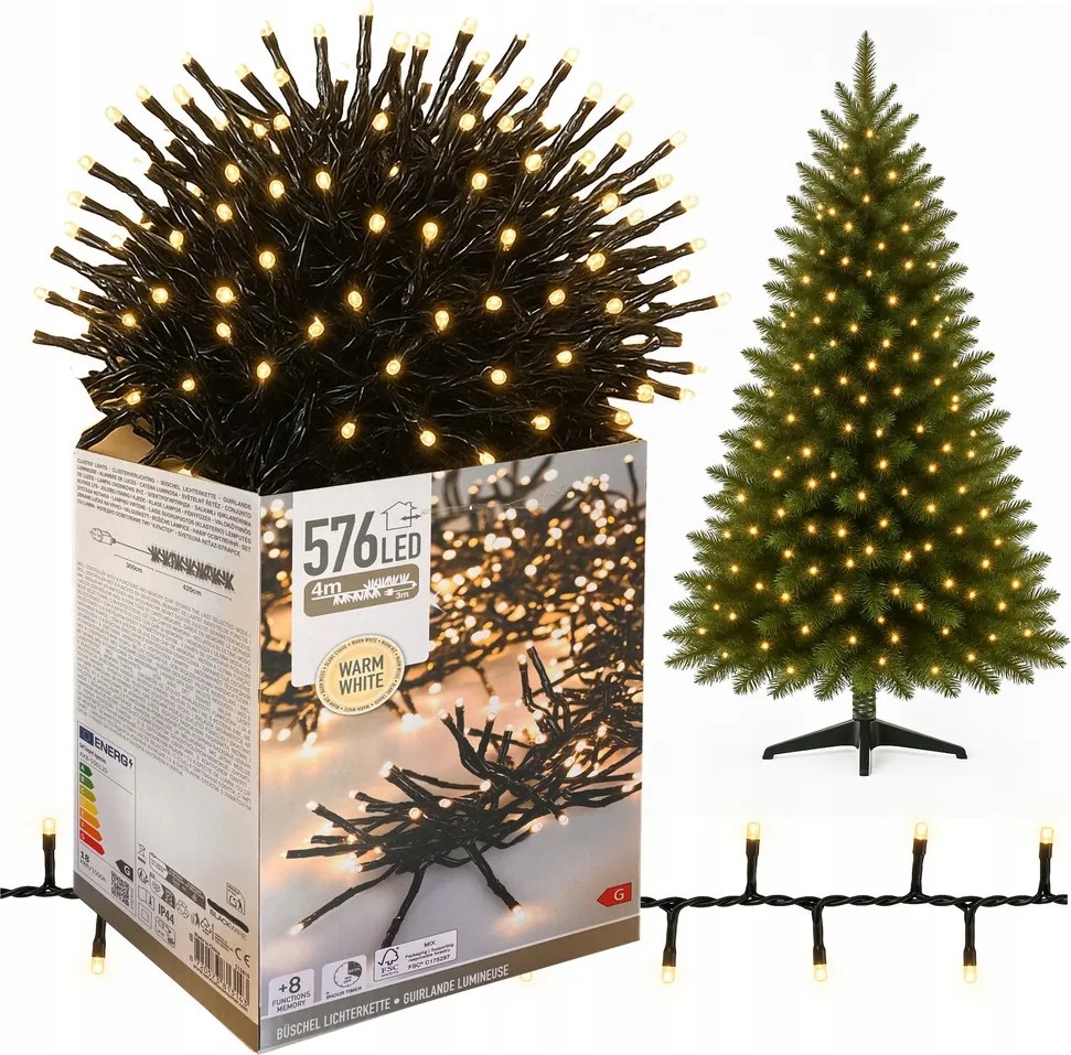 Karácsonyfa fényfüzér 576 Led fehér meleg beltéri kültéri 7m Időzítő IP44