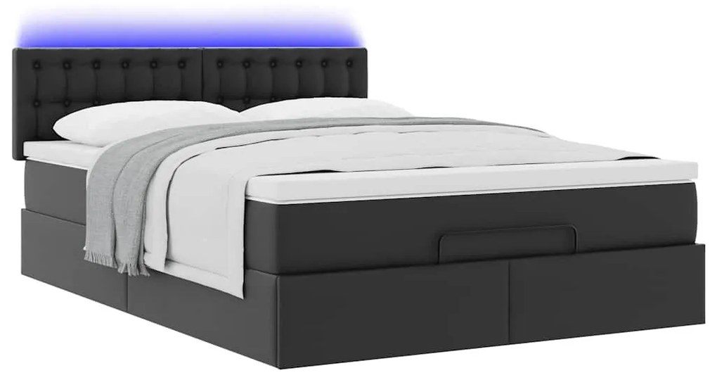 fekete műbőr ottomán ágy matracokkal &amp; LED-ek 140x200cm