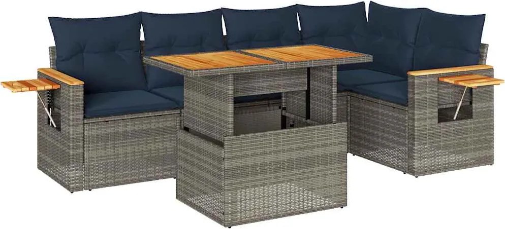vidaXL 6 részes szürke polyrattan akácfa kerti ülőgarnitúra párnákkal