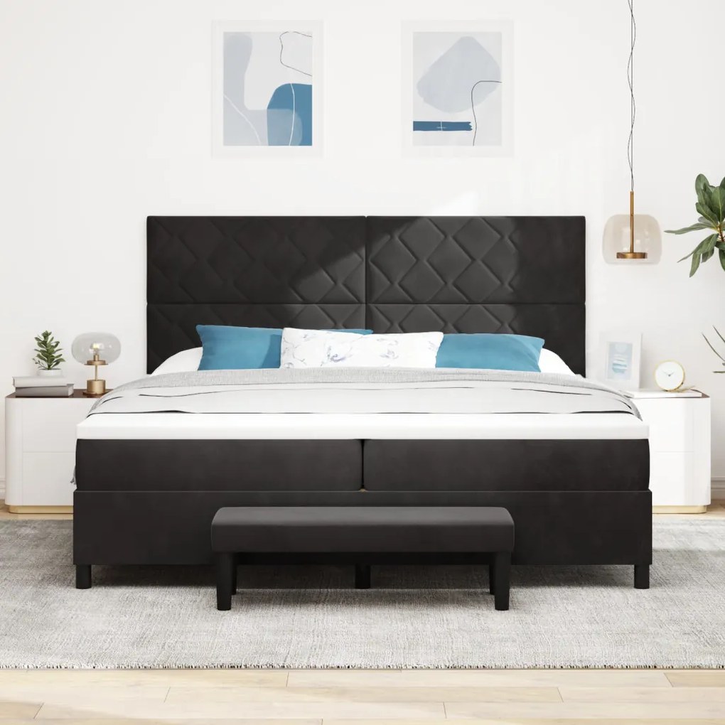 Box Spring Ágy Mattal és Padokkal Fekete 200x200 cm Bársony