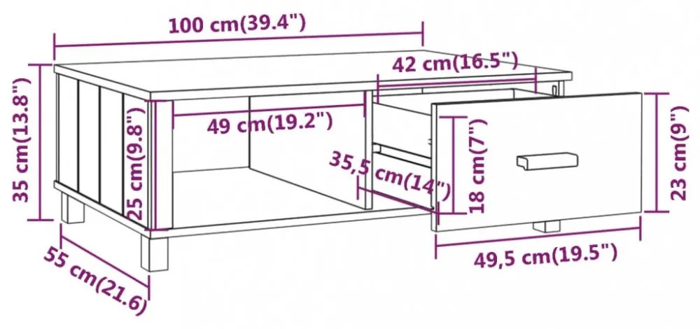 HAMAR sötétszürke tömör fenyőfa dohányzóasztal 100 x 55 x 35 cm