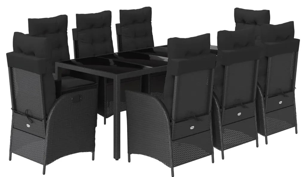 9 részes fekete polyrattan kerti étkezőgarnitúra párnákkal