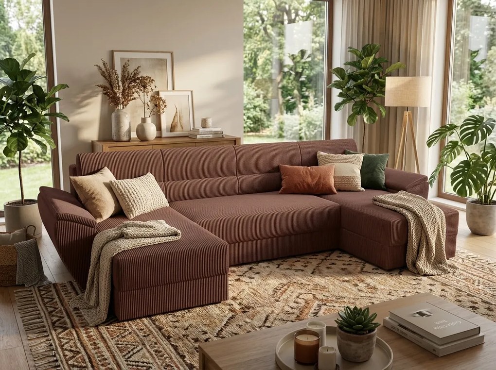 Ágyazható U alakú kanapé TAVERO 321x140 cm, sötétrózsaszín színű