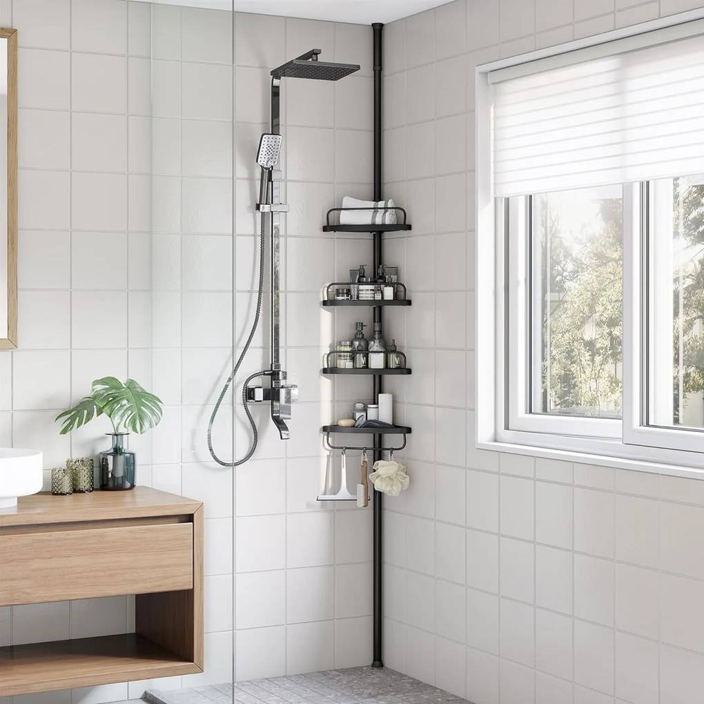 Zuhany sarokpolc, 4 szintes fürdőszobai zuhanypolc 85-305 cm, Fekete