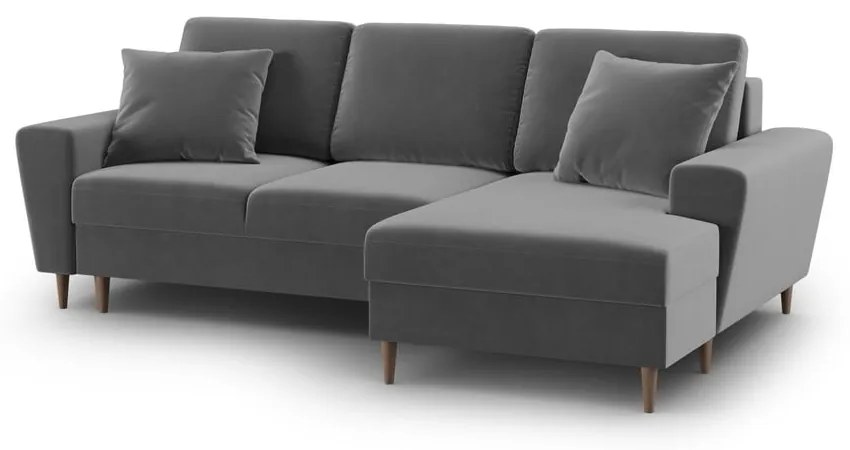 Világosszürke bársony kinyitható tárolóhelyes sarokkanapé (jobb oldali-heverő résszel) Kyoto – Cosmopolitan Design