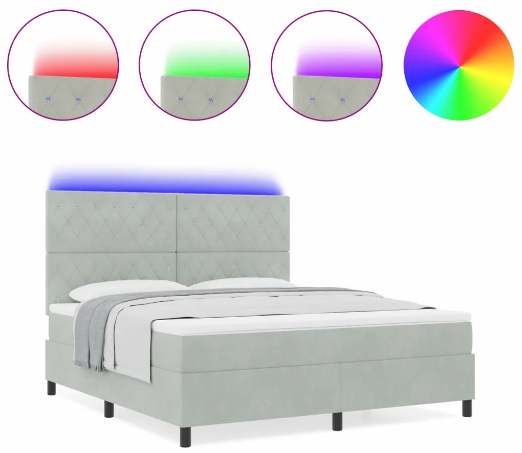 Boxspring ágy matraccal & LED világítással, világosszürke, 180x200 cm, bársonyos