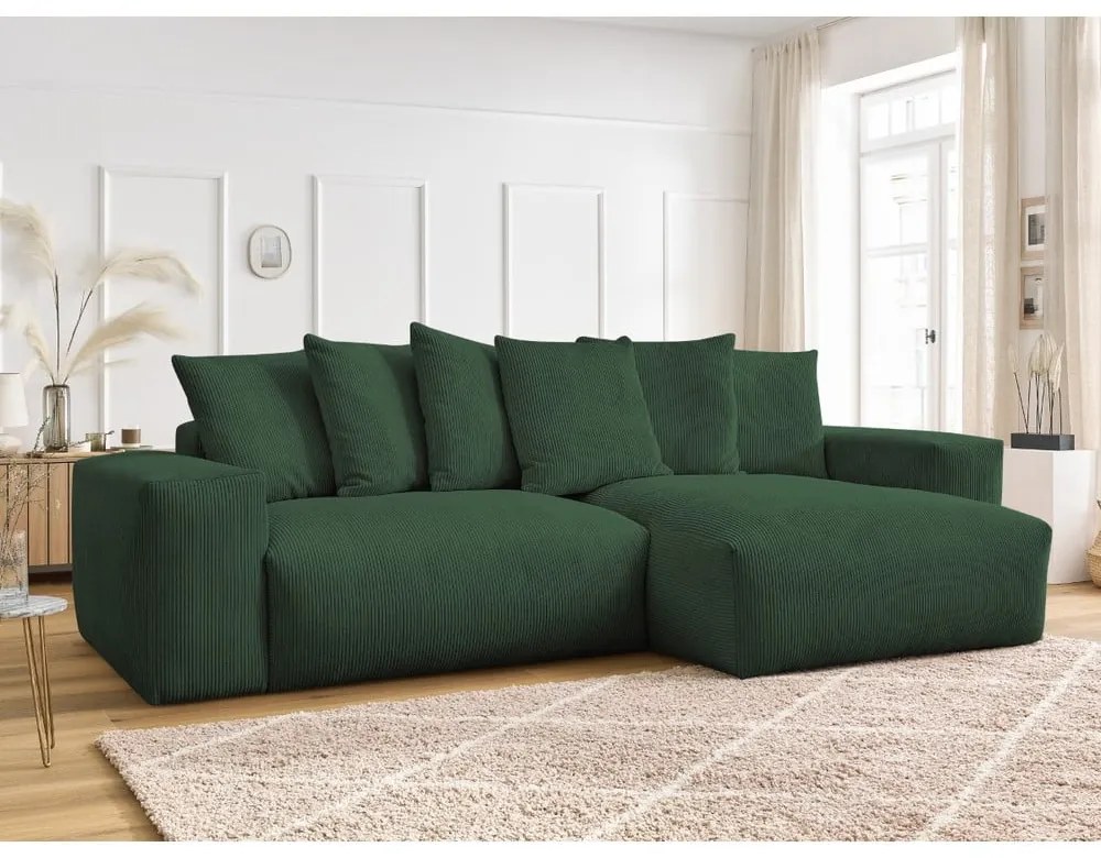 Zöld kordbársony kinyitható-tárolóhelyes sarokkanapé Voltaire – Bobochic Paris