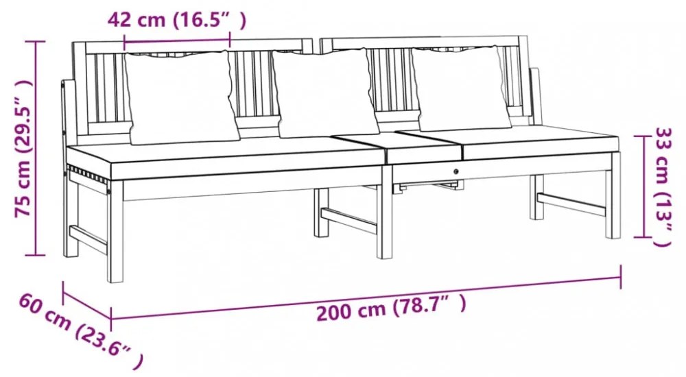 tömör akácfa kanapé krémszínű párnákkal 200 x 60 x 75 cm