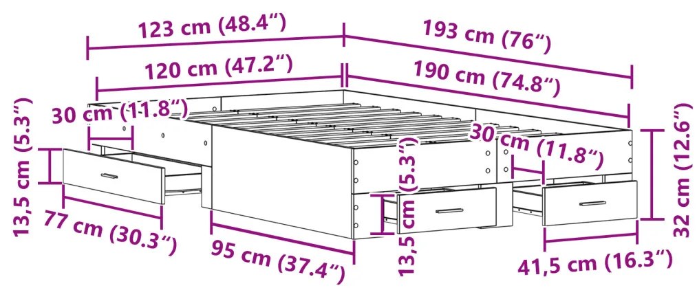 Ágykeret Fiókokkal Fekete Tölgy 120x190 cm Épített Fa
