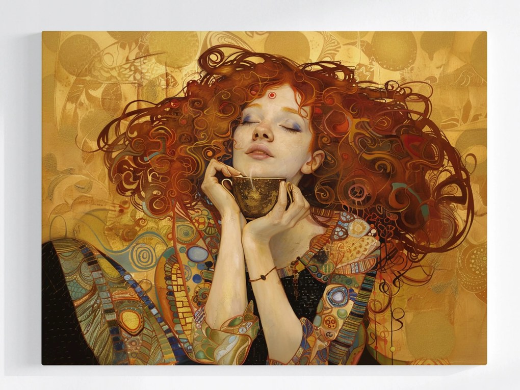 Poszter Portré Vörös Nő Kávé Art Nouveau Klimt 100x75