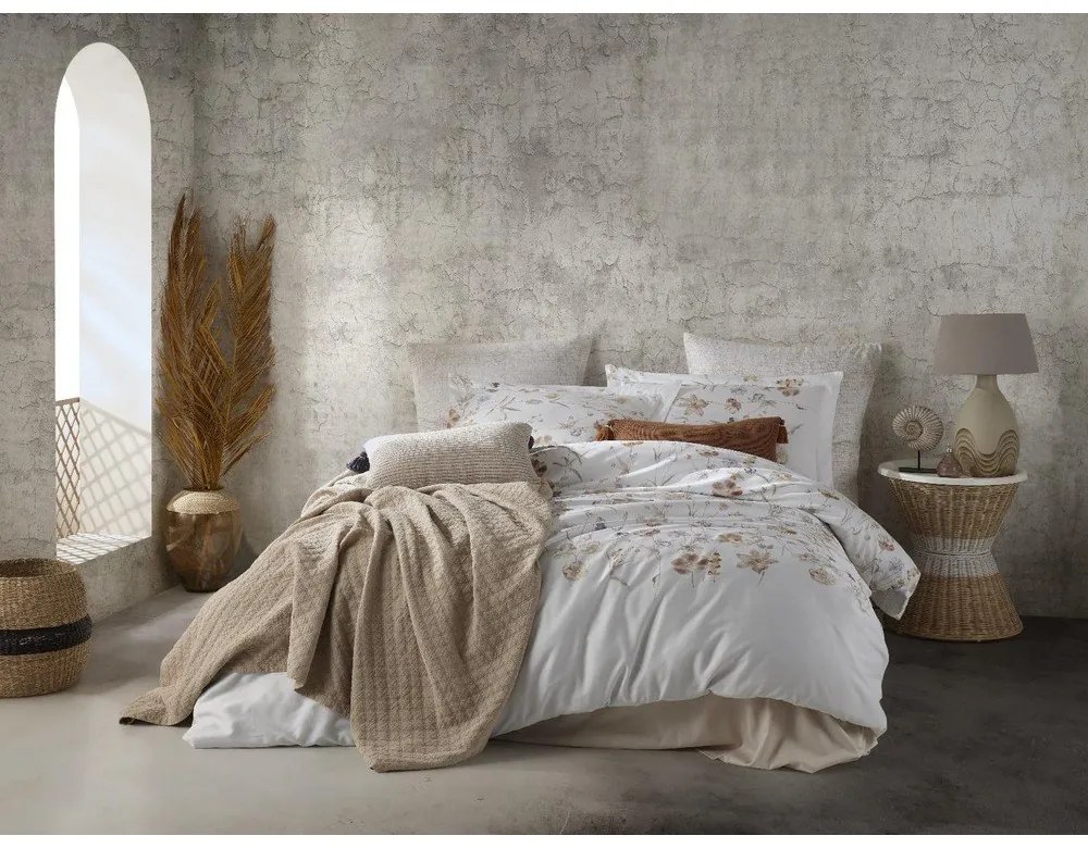 Fehér egyszemélyes pamut-szatén ágyneműhuzat 140x200 cm Ivory Garden Floral – Mila Home Luxury