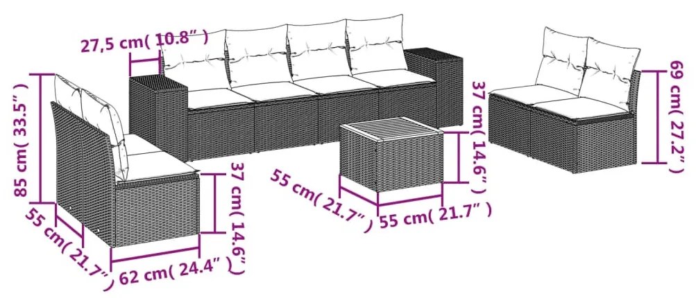 9 részes fekete polyrattan kerti ülőgarnitúra párnákkal