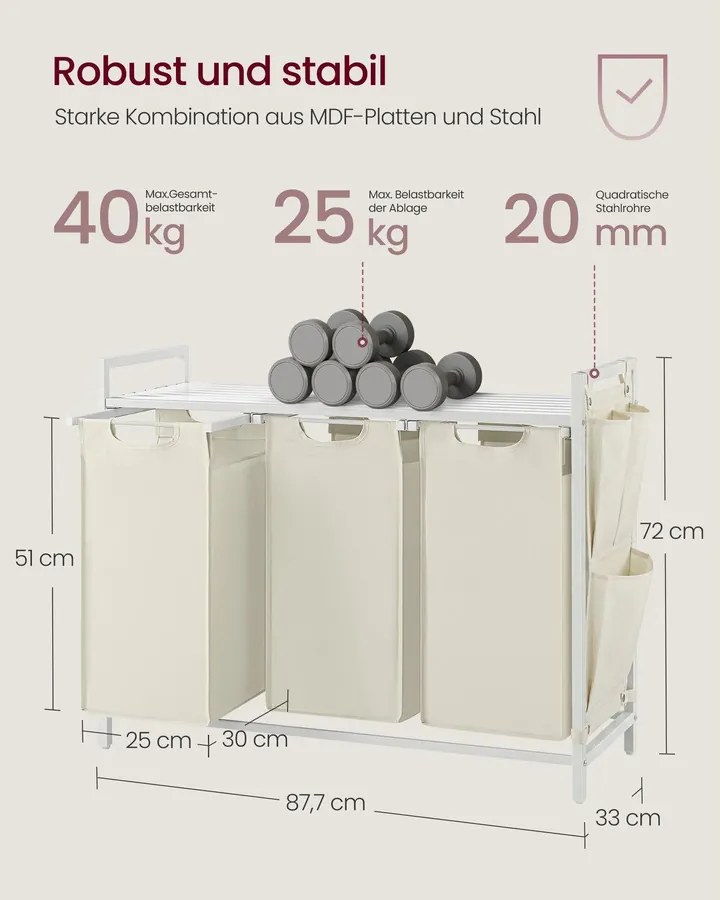VASAGLE 3 rekeszes szennyestartó kosár polccal, 3 x 40 L, krémfehér