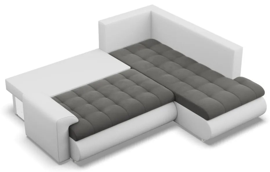 Tokio sarokkanapé, L alakú háttámlával, 2 ágyneműtartóval, bársony + műbőr, jobboldali, szürke - fehér