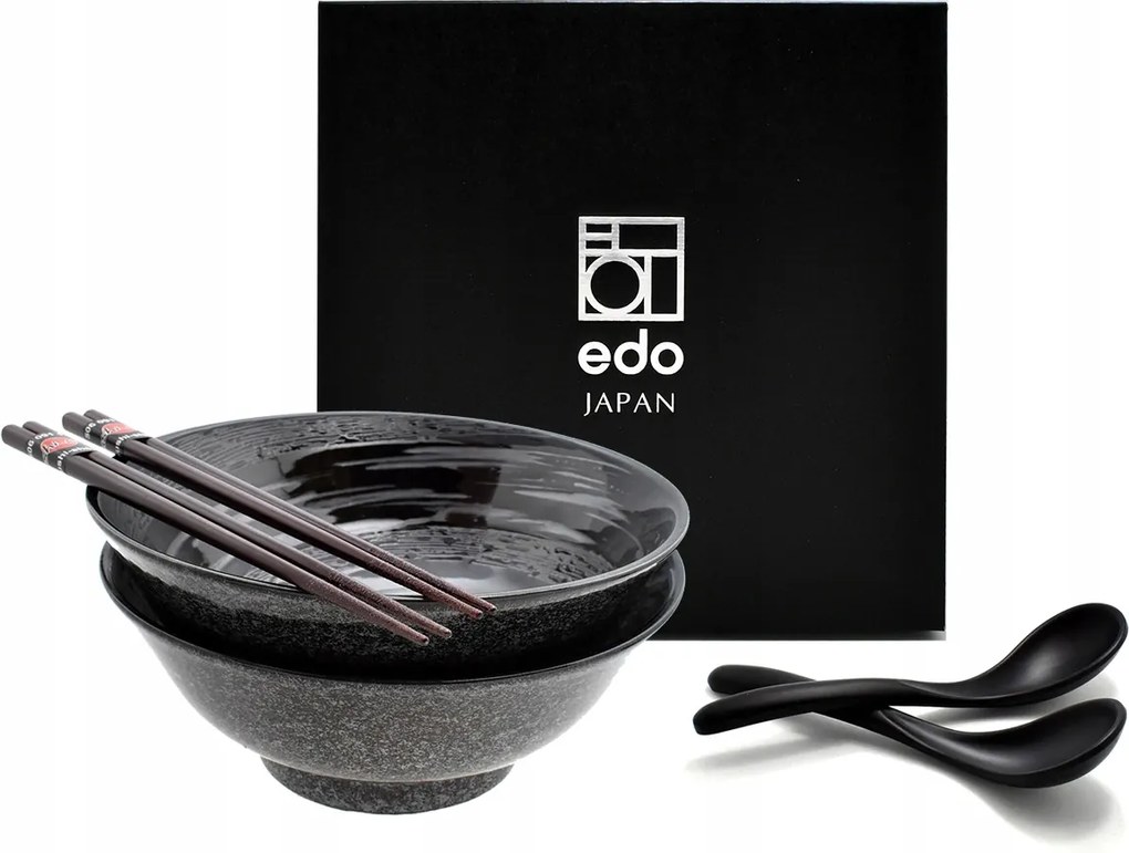 2 db-os tál szett kanállal és pálcikákkal Ramen Rasen Kuro 22 cm 1100 ml Box