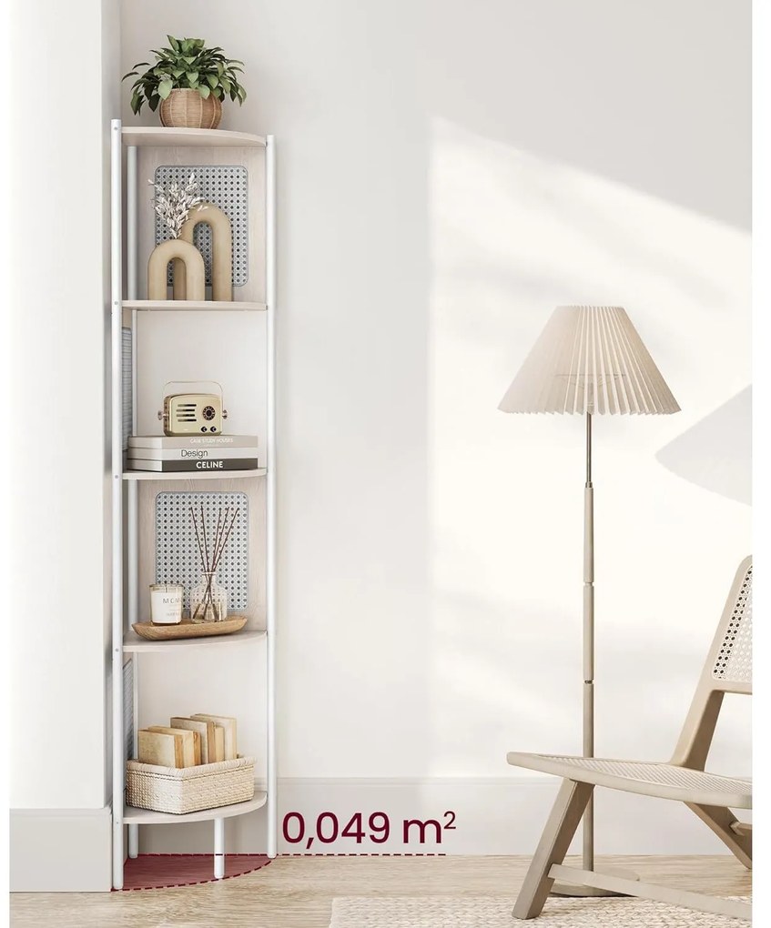 5 szintes sarokpolc, könyvespolc polirattan oldalakkal, 156x32x32 cm, zab bézs