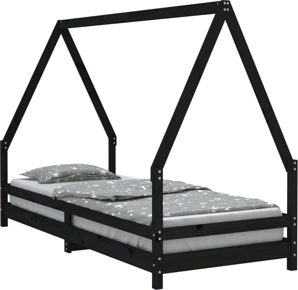 vidaXL fekete tömör fenyőfa gyerekágykeret 90 x 200 cm