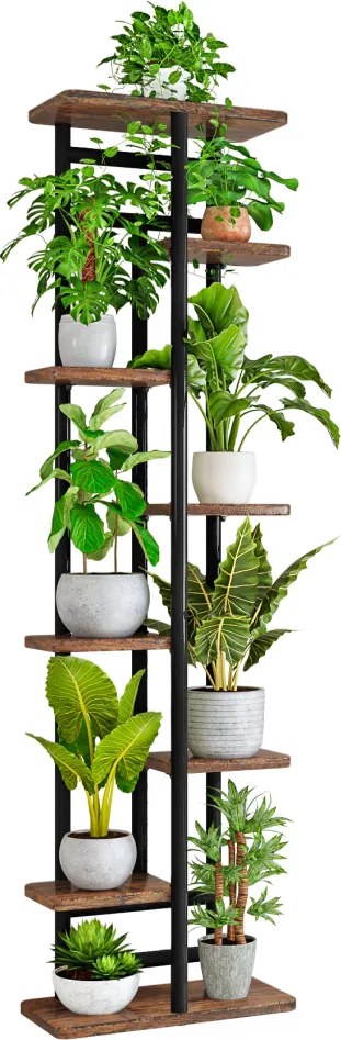 LEDOR TYP 4 8 polcos virágállvány, fémvázzal, 36 x 23 x 136 cm, rusztikus fa/fekete