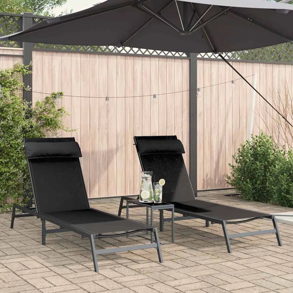 Napozóágyak asztallal 3 pcs Fekete és antracit 197 x 54 x 86 cm