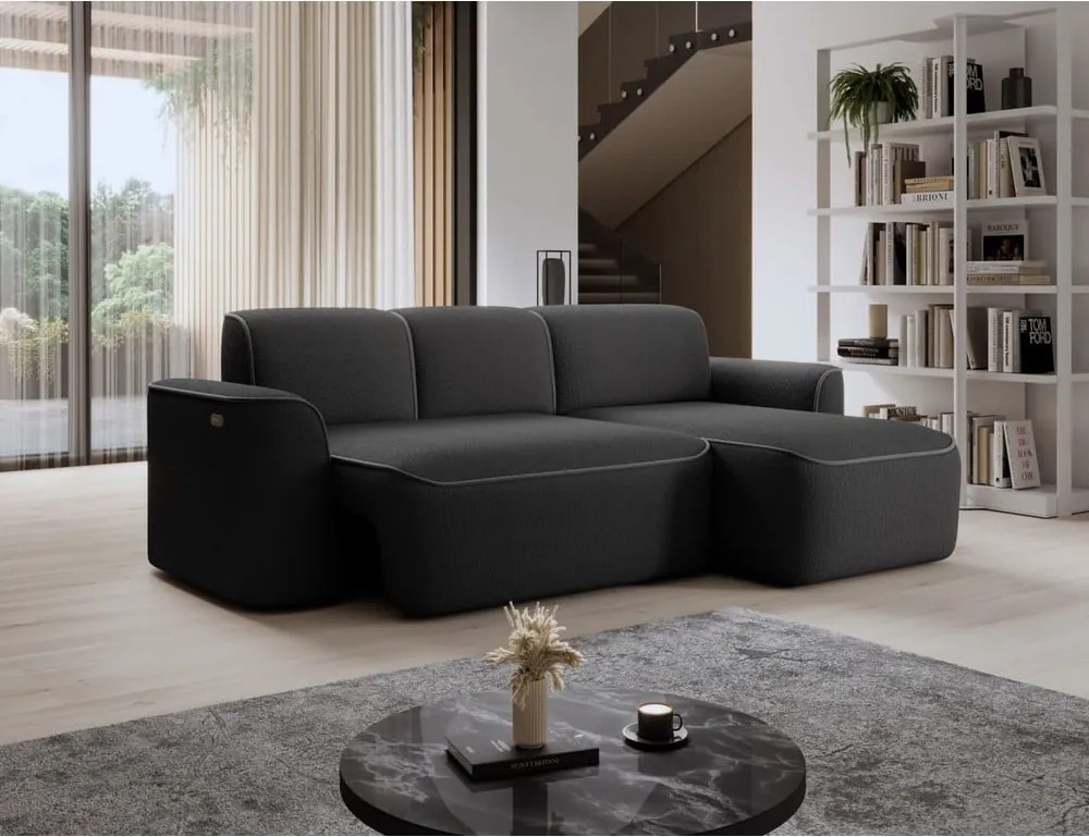 Sötétszürke buklé sarokkanapé (jobb oldali-heverő résszel) Ume – ELTAP