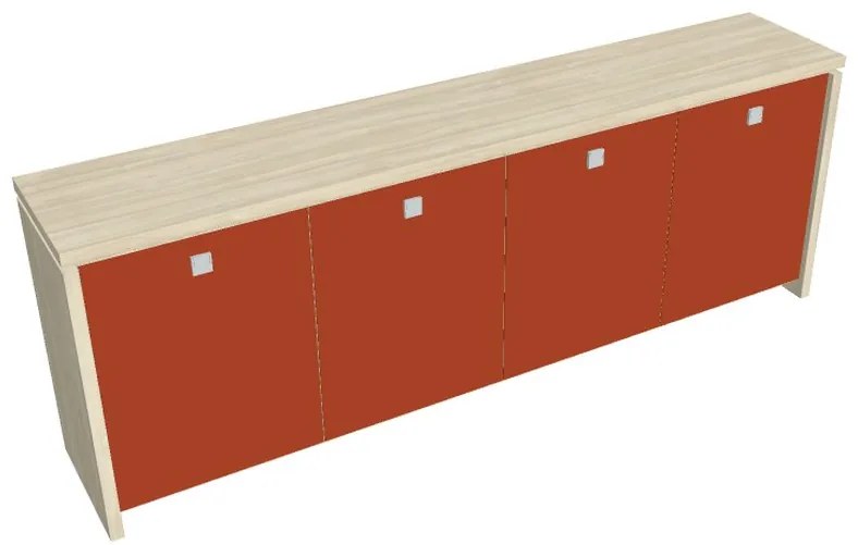 Verno alacsony szekrény 248 x 46 x 90 cm, üvegajtó, akác / narancs
