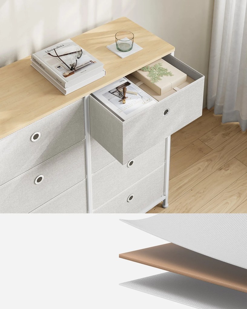 Világosszürke fehér 8 fiókos szövet komód fém váz