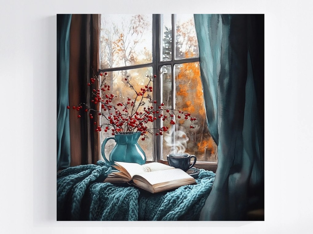 Vászonkép Canvas Ablak Ősz Takaró Könyv Tea Pihenés Kilátás 40x40
