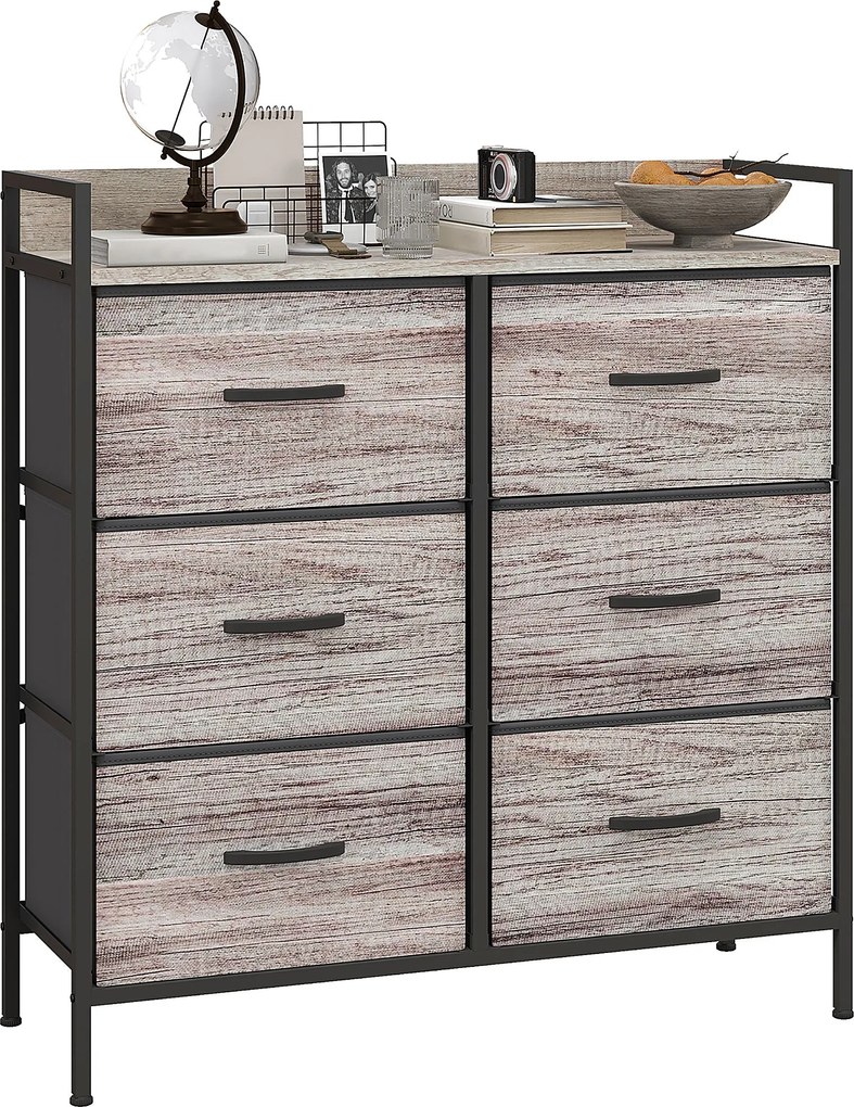 HOMCOM 6 Fiókos Textile Tárolószekrény Fa Hatással, Fa Fogantyúkkal, Acél Kerettel, Ipari Design, Szürke | Aosom