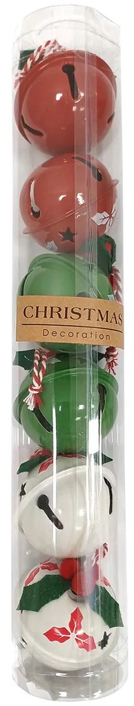 6 darab Holly karácsonyi csengő szett, átmérő 5cm, piros-zöld-fehér, fém, 5 cm átmérőjű