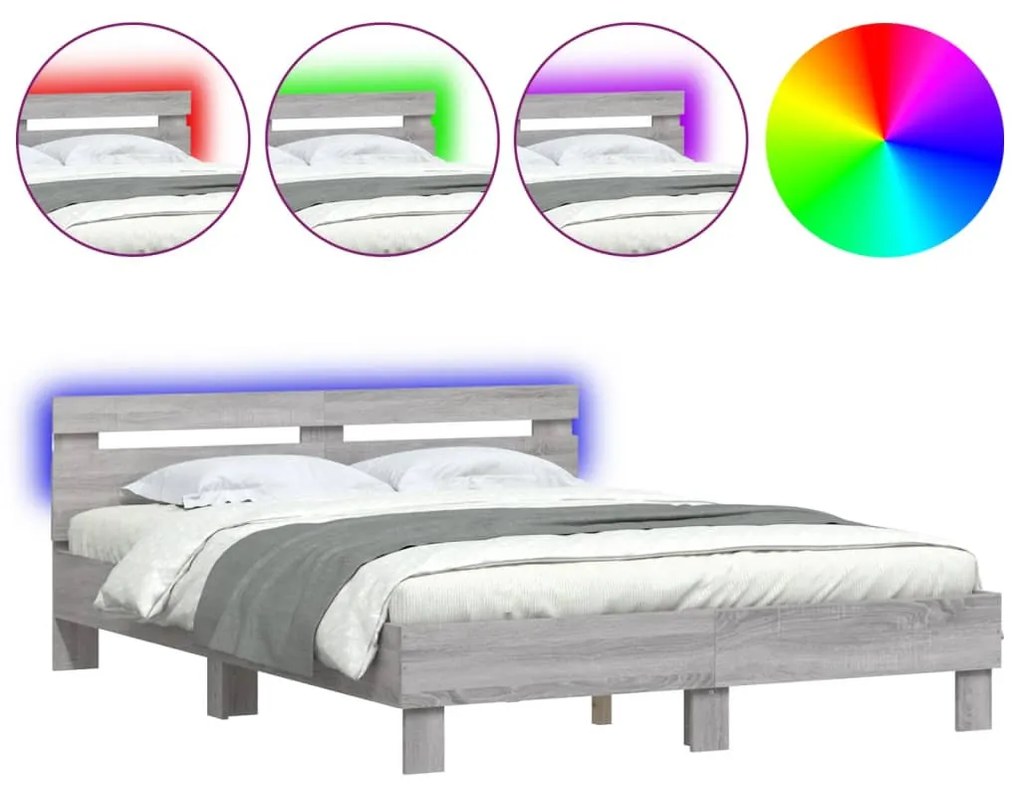szürke sonoma színű ágykeret fejtámlával és LED-del 140x190 cm