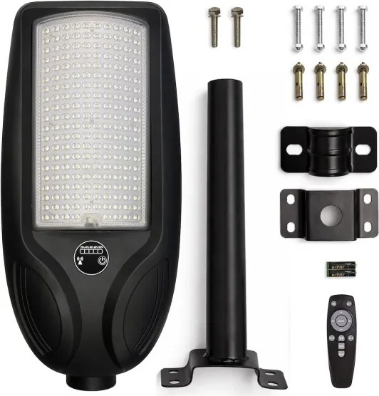 Fényerőszabályozható LED napelemes utcai lámpa érzékelővel VENICE 200W/12000 mAh IP65 fekete +távirányító