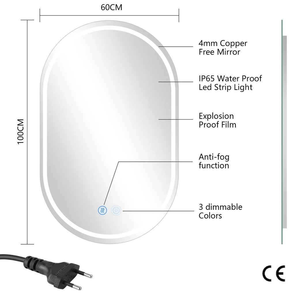 Erga Lyra, ovális LED tükör 60x100cm, 3 színű fény, első és hátsó világítás, páramentes fűtőbetét, ERG-V01-Lyra-6010-CL