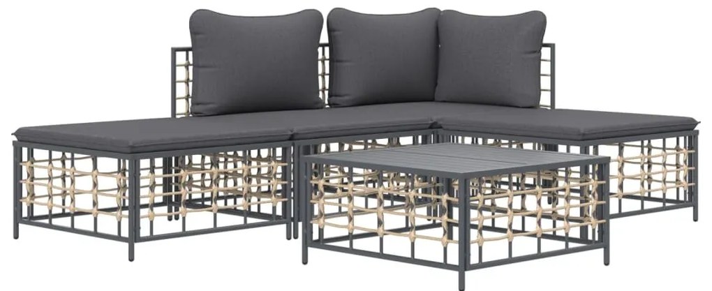 5 részes antracitszürke polyrattan kerti ülőgarnitúra párnákkal