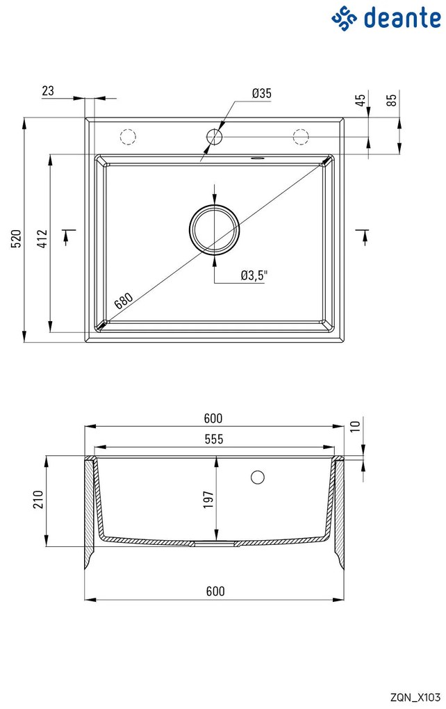 Deante Andante, gránit mosogató 600x520x210 mm + helytakarékos szifon, 1 kamrás, fekete, ZQN_N103