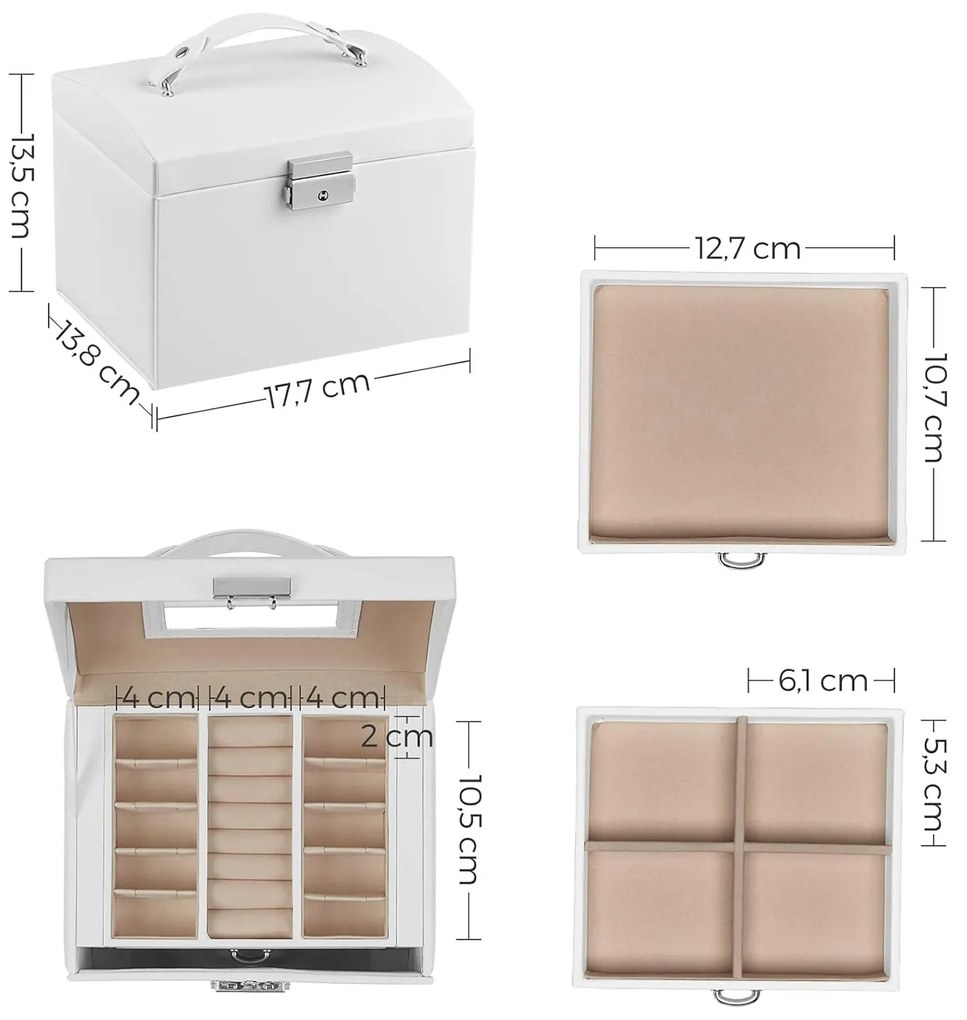 Ékszerdoboz, zárható ékszertartó, 2 fiókkal, fehér
