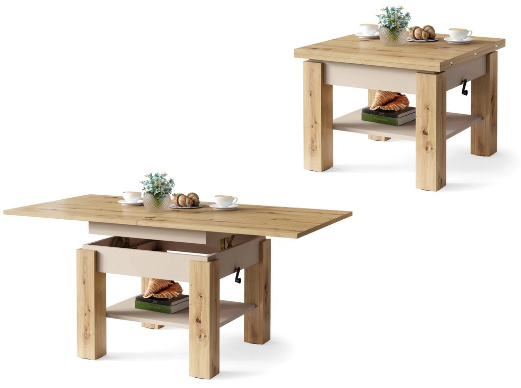Mazzoni CLEO Artisan Tölgy/Bézs (Pezsgő) - NYITHATÓ/MAGASÍTHATÓ DOHÁNYZÓASZTAL ÉTKEZŐASZTAL ÉS DOHÁNYZÓASZTAL EGYBEN