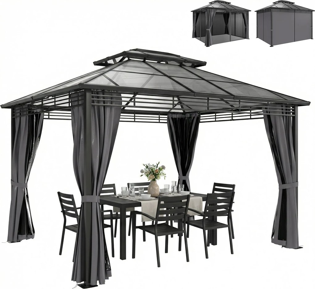 Outsunny kerti pavilon kb. 3,6 x 3 m – alumínium keménytetős pavilon 6 mm-es dupla polikarbonát tetővel, szúnyoghálóval, 4 oldalfüggönnyel, vízleperge