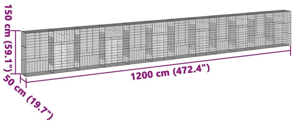 horganyzott vas gabion kosár fedéllel 1200 x 50 x 150 cm