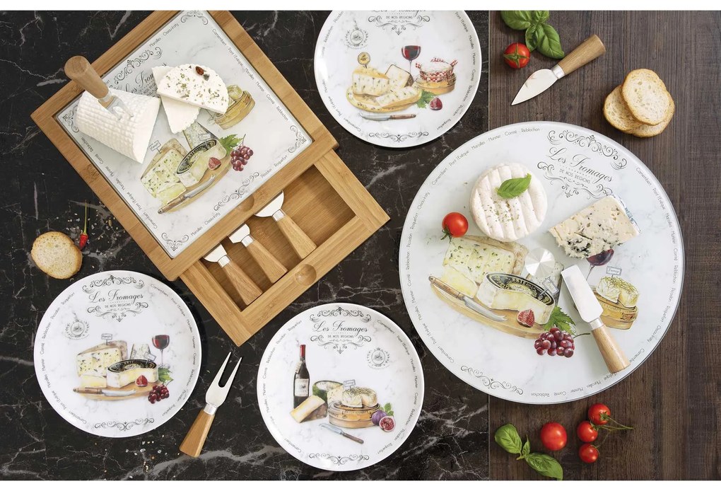 Porcelán vintage sajt mintás desszertes tányér szett 4db-os Les Fromages