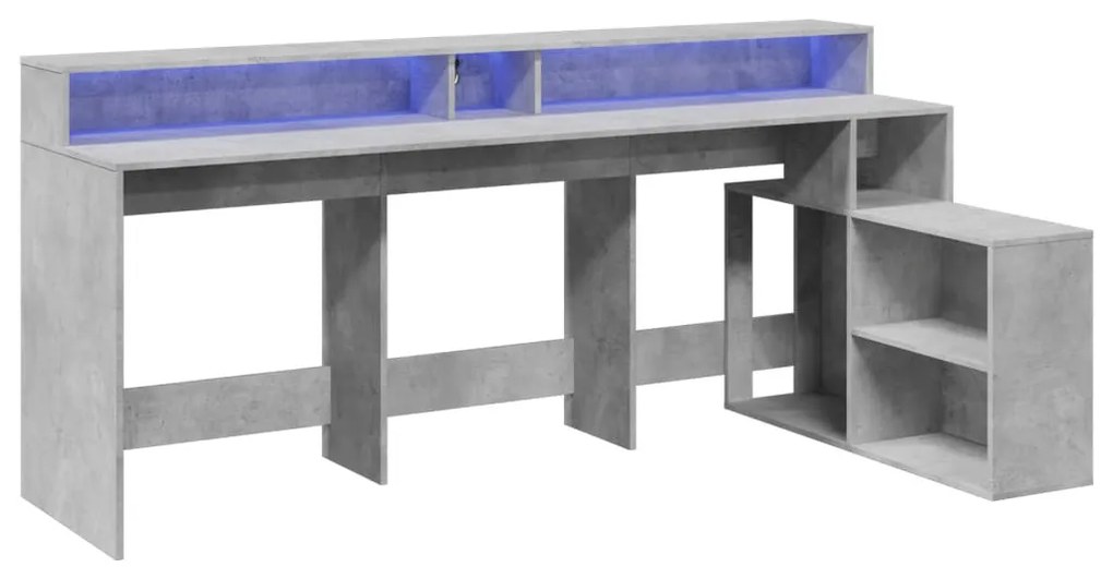 betonszürke szerelt fa íróasztal LED-világítással 200x104x91 cm