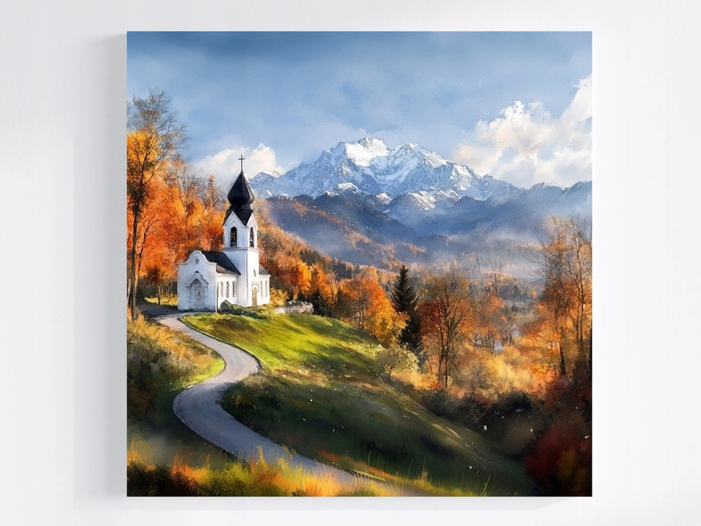 Vászonkép Canvas Tájkép Hegyek Alpok Ősz Templom 40x40