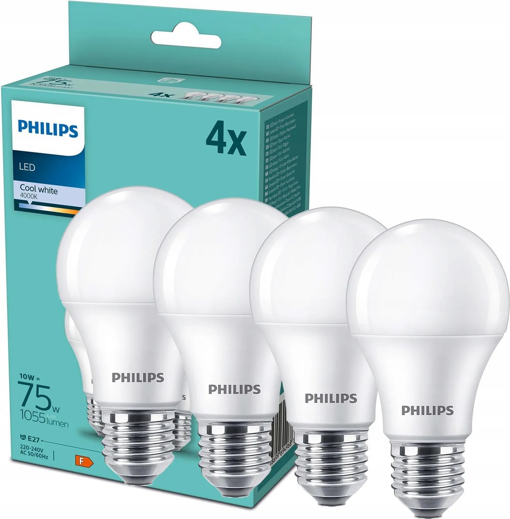 4x Led izzó E27 A60 10W 75W 1055lm 4000K Semleges Tejes Philips