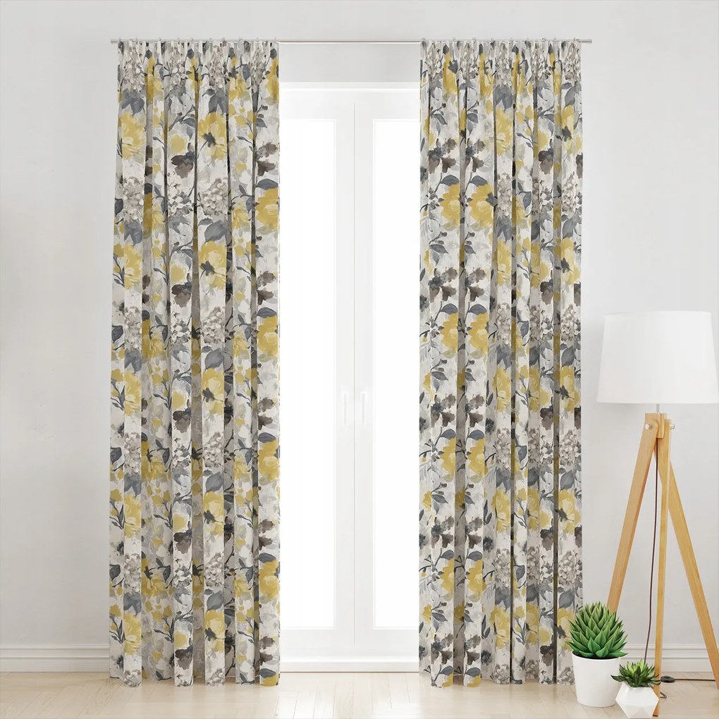 Kész Függöny Szalaggal Sárga Virágok Velvet 145X300